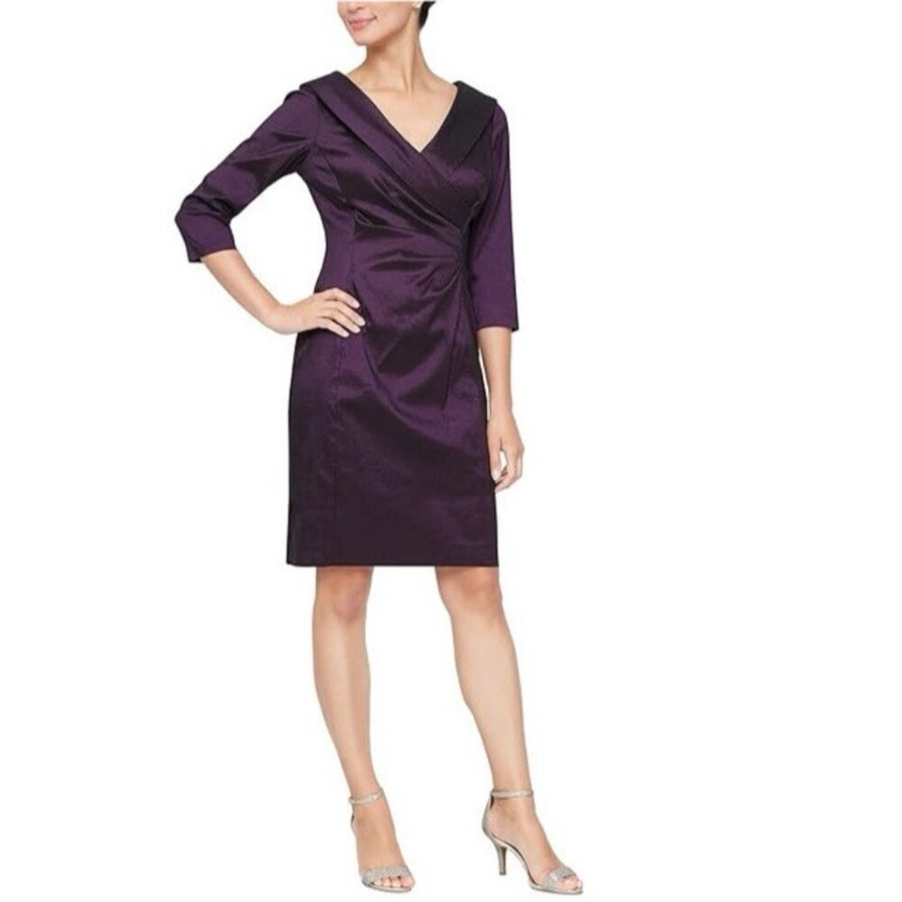Tahari Dress 14 Purple Portrait Collar 3/4 Long Sleeve Wedding Party NWT